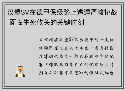 汉堡SV在德甲保级路上遭遇严峻挑战 面临生死攸关的关键时刻