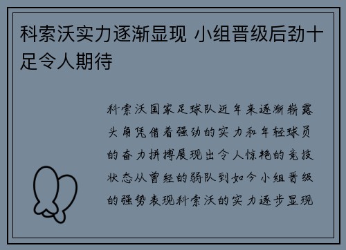科索沃实力逐渐显现 小组晋级后劲十足令人期待