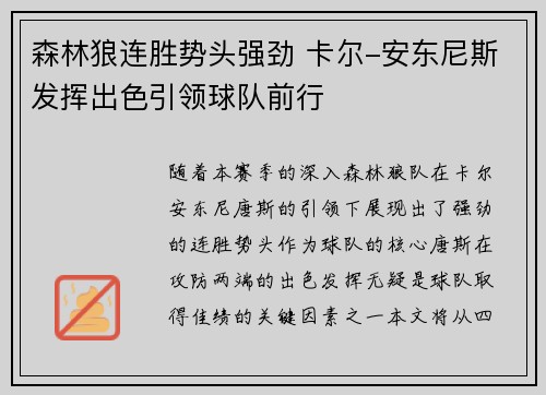 森林狼连胜势头强劲 卡尔-安东尼斯发挥出色引领球队前行